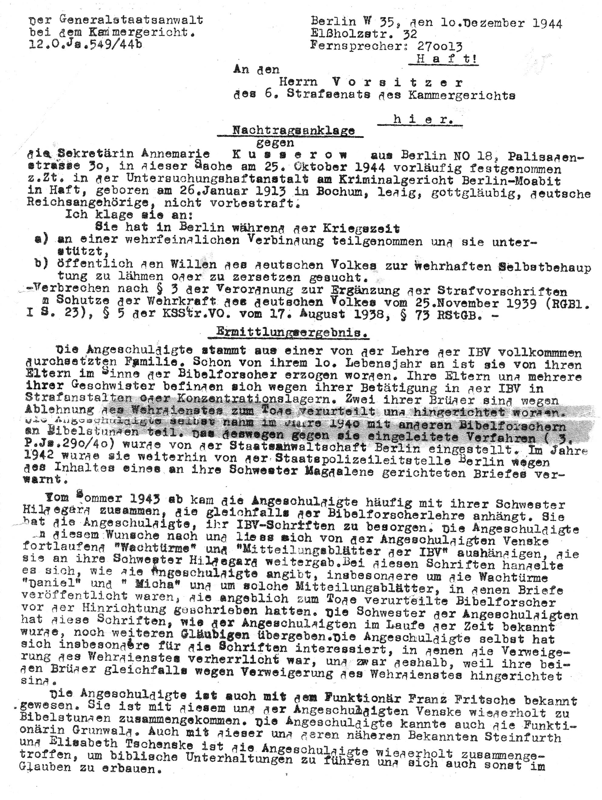 Nachtragsanklage vom 10. Dezember 1944 gegen Annemarie Kusserow (S. 1). Jehovas Zeugen, Archiv Zentraleuropa