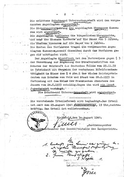 Franz Kusserow wurde am 30. August 1941 zu fünf Jahren Zuchthaus verurteilt (S. 2). Jehovas Zeugen, Archiv Zentraleuropa